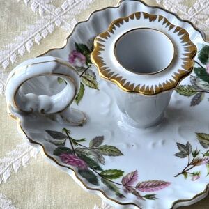 Vintage Floral Porcelain Candle Holder with Finger Loop Handle And Gold Accents